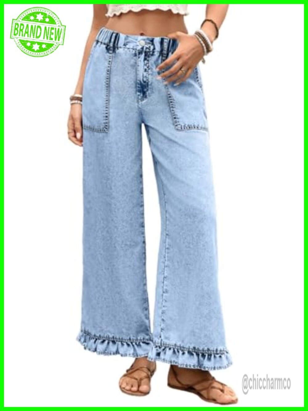 Wide Leg Ruffle Hem High Waist Pull On Jeans Stretch Denim Pants